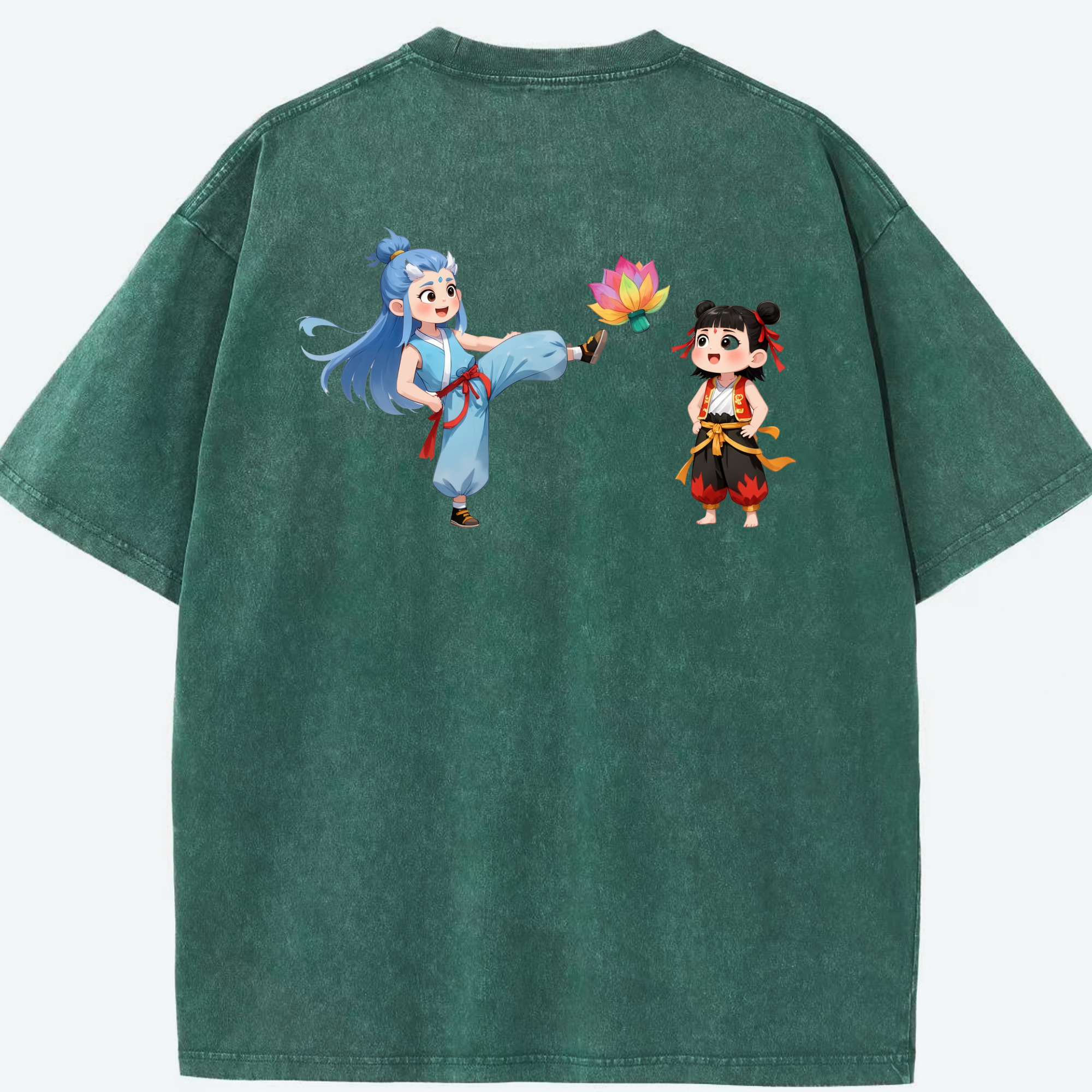 （画像用） Ne Zha 2 ナタ 魔童の大暴れ 綿100% ヴィンテージ風 半袖Tシャツ（背面プリント）